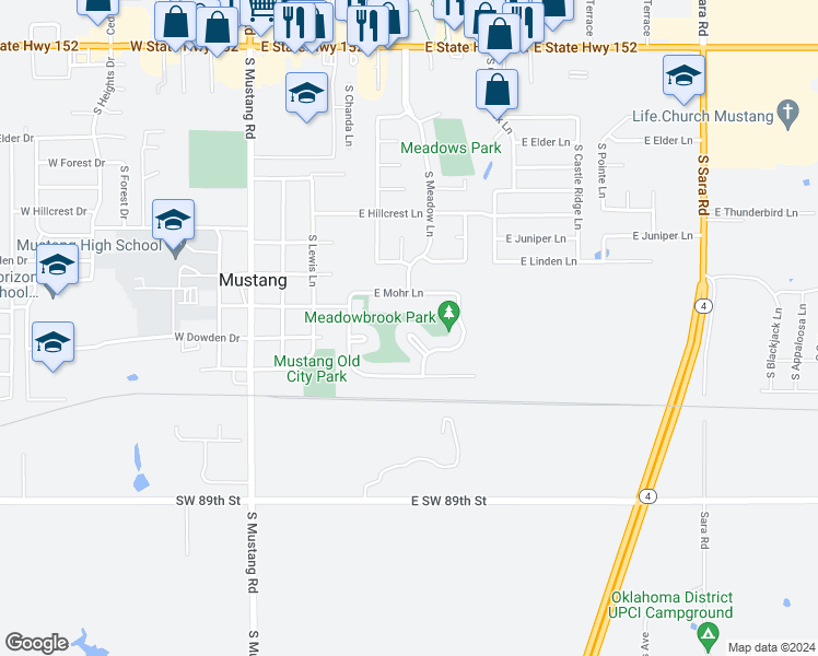 map of restaurants, bars, coffee shops, grocery stores, and more near 405 East Meadow Lane Court in Mustang