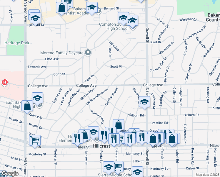 map of restaurants, bars, coffee shops, grocery stores, and more near 1761 Camino Sierra in Bakersfield