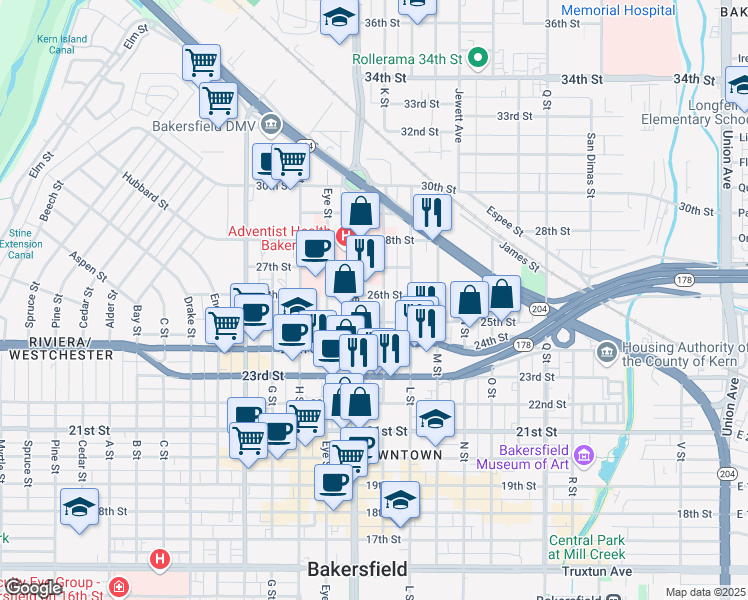 map of restaurants, bars, coffee shops, grocery stores, and more near 1330 25th Street in Bakersfield