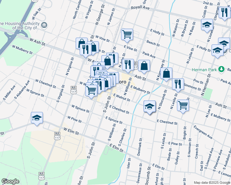 map of restaurants, bars, coffee shops, grocery stores, and more near 109 S Ormond Ave in Goldsboro