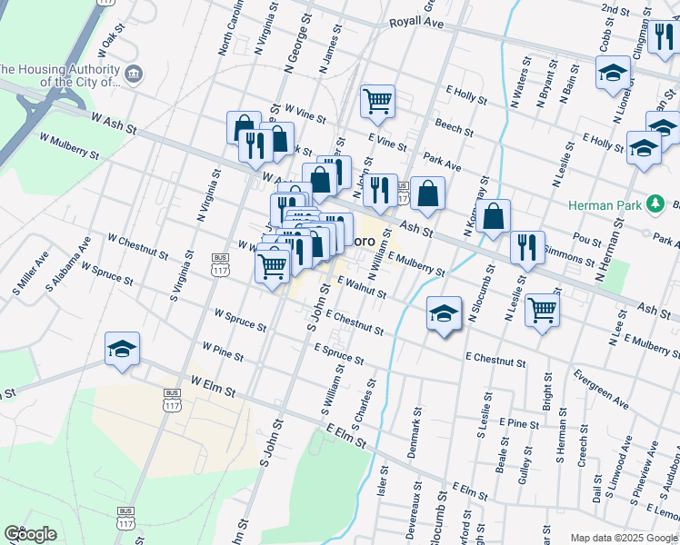 map of restaurants, bars, coffee shops, grocery stores, and more near 109 S Ormond Ave in Goldsboro