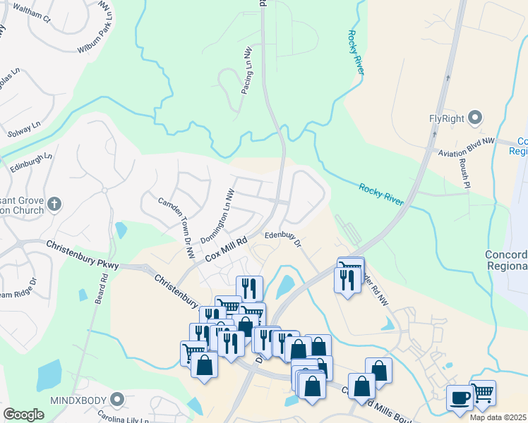 map of restaurants, bars, coffee shops, grocery stores, and more near 9659 Cox Mill Road in Concord