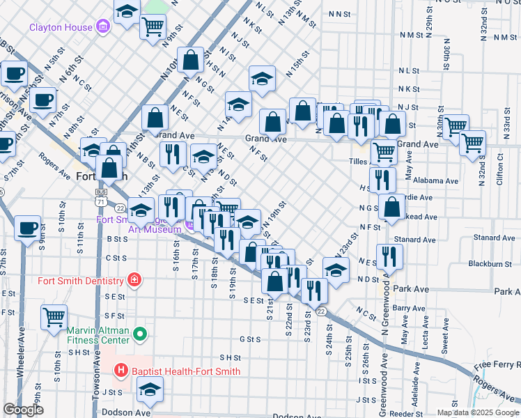 map of restaurants, bars, coffee shops, grocery stores, and more near 1800 D Street North in Fort Smith