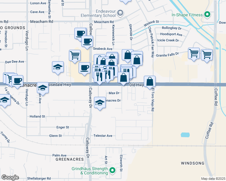 map of restaurants, bars, coffee shops, grocery stores, and more near 9404 Greenacres Drive in Bakersfield