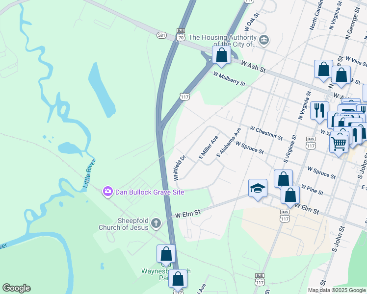 map of restaurants, bars, coffee shops, grocery stores, and more near 327 Whitfield Drive in Goldsboro