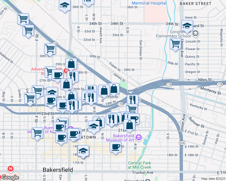 map of restaurants, bars, coffee shops, grocery stores, and more near 2503 O Street in Bakersfield