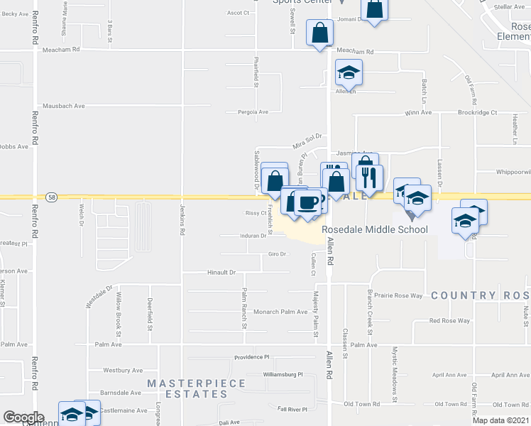 map of restaurants, bars, coffee shops, grocery stores, and more near 13207 Rissy Court in Bakersfield