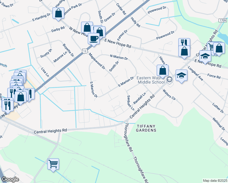 map of restaurants, bars, coffee shops, grocery stores, and more near 152 North Marion Drive in Goldsboro
