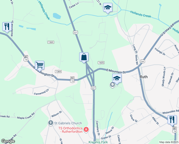 map of restaurants, bars, coffee shops, grocery stores, and more near 423 North Main Street in Rutherfordton