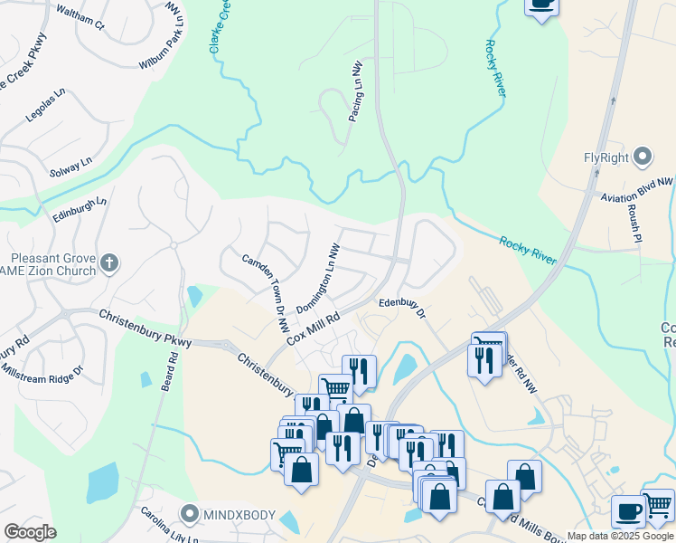 map of restaurants, bars, coffee shops, grocery stores, and more near 9598 Camberley Avenue Northwest in Concord