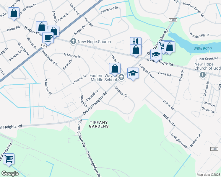 map of restaurants, bars, coffee shops, grocery stores, and more near 3518 Central Heights Road in Goldsboro