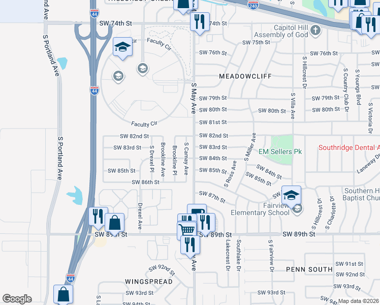 map of restaurants, bars, coffee shops, grocery stores, and more near 8406 South Camay Avenue in Oklahoma City