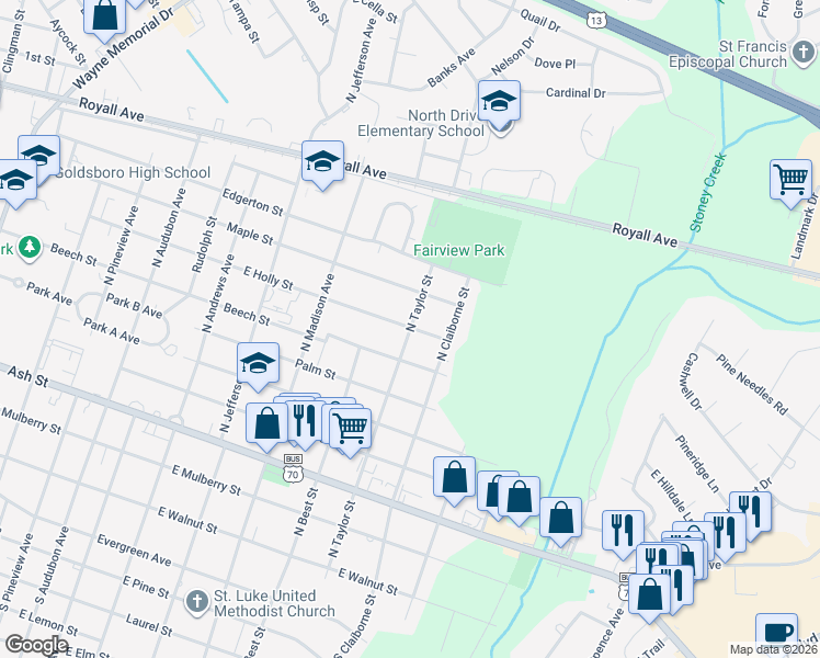 map of restaurants, bars, coffee shops, grocery stores, and more near 699 North Taylor Street in Goldsboro