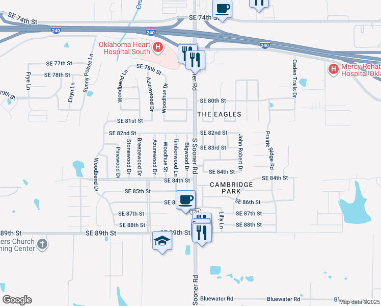 map of restaurants, bars, coffee shops, grocery stores, and more near 8313 Timothy Lane in Oklahoma City
