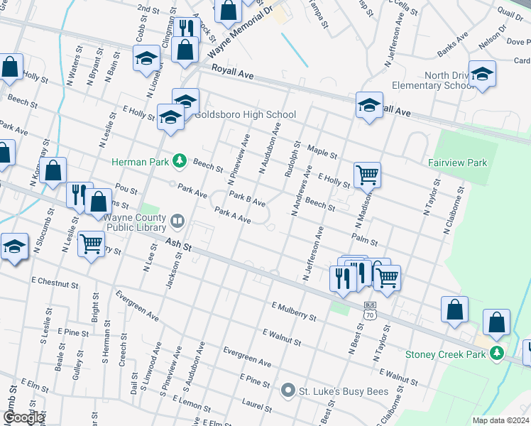 map of restaurants, bars, coffee shops, grocery stores, and more near 1308 East Park Avenue B in Goldsboro