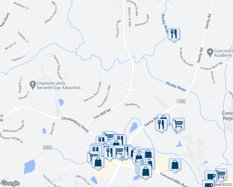 map of restaurants, bars, coffee shops, grocery stores, and more near 9598 Camberley Avenue Northwest in Concord
