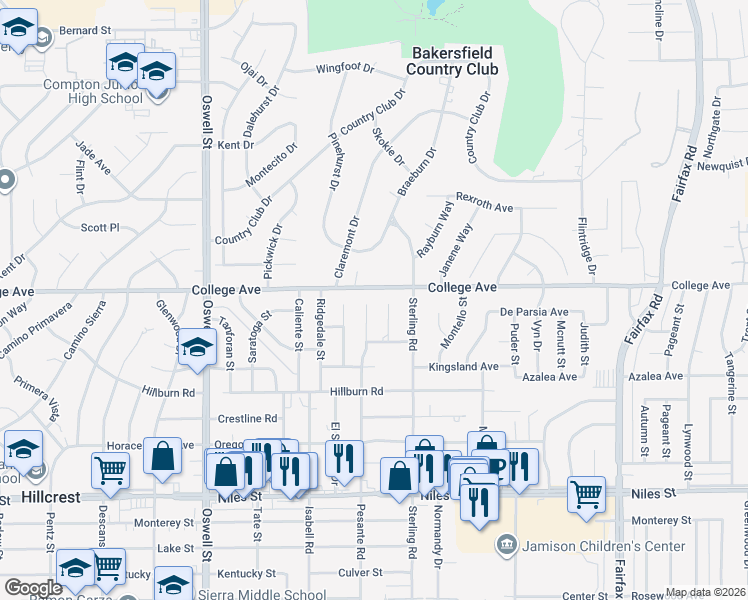 map of restaurants, bars, coffee shops, grocery stores, and more near 5500 College Avenue in Bakersfield