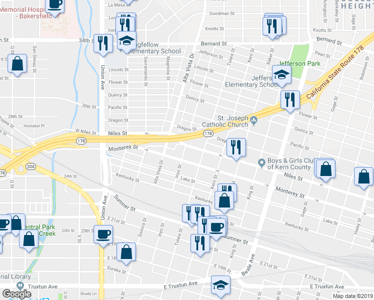map of restaurants, bars, coffee shops, grocery stores, and more near 410 Niles Street in Bakersfield