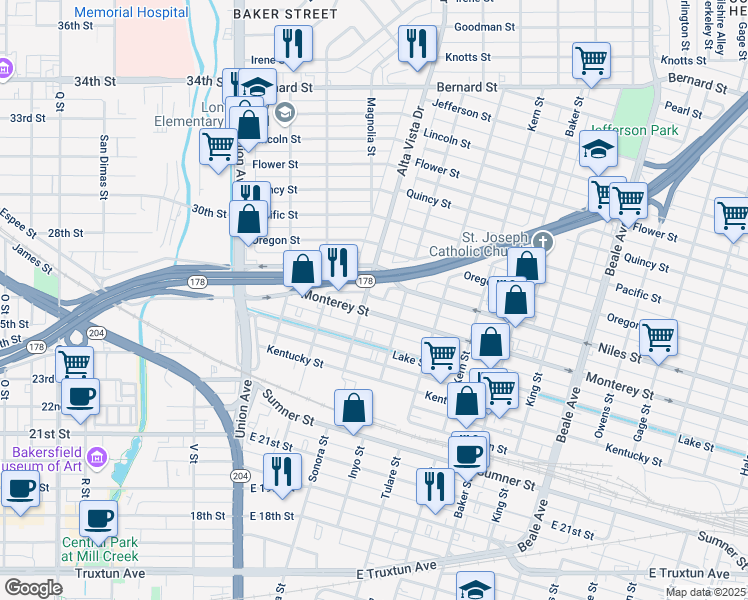 map of restaurants, bars, coffee shops, grocery stores, and more near 312 Niles Place in Bakersfield
