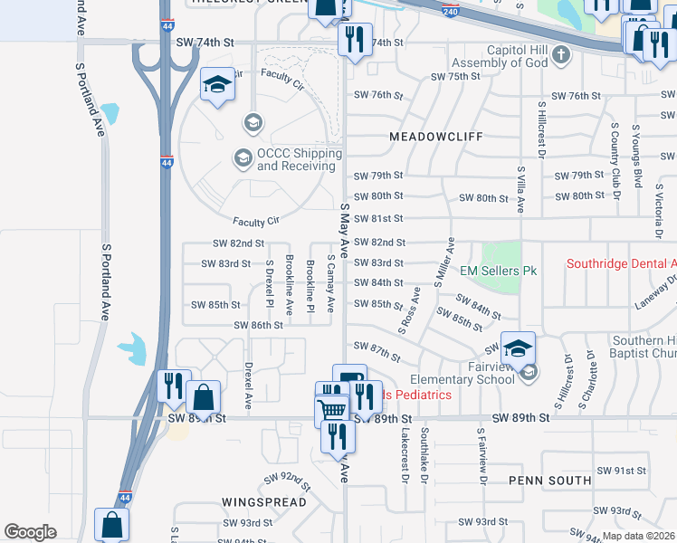 map of restaurants, bars, coffee shops, grocery stores, and more near 8304 South Camay Avenue in Oklahoma City