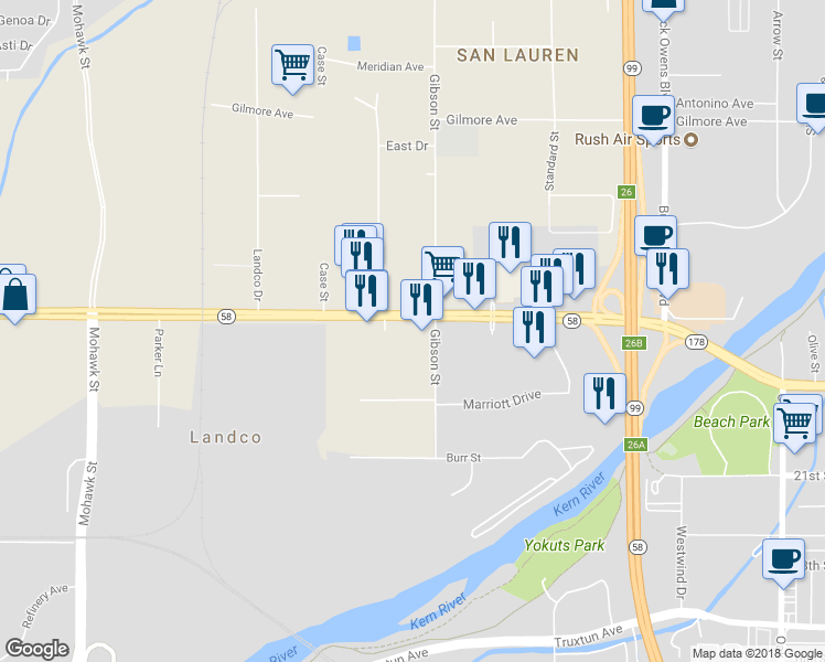 map of restaurants, bars, coffee shops, grocery stores, and more near 4011 Rosedale Highway in Bakersfield