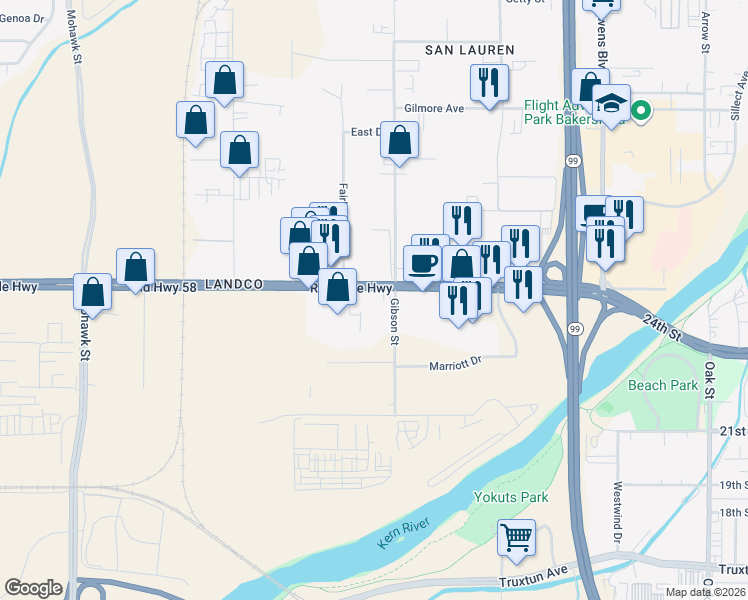 map of restaurants, bars, coffee shops, grocery stores, and more near 4011 Rosedale Highway in Bakersfield