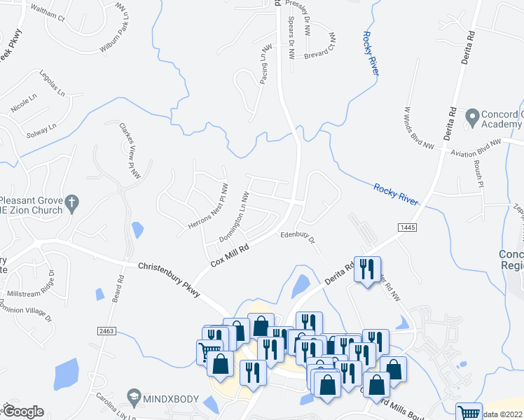 map of restaurants, bars, coffee shops, grocery stores, and more near 9585 Camberley Avenue Northwest in Concord