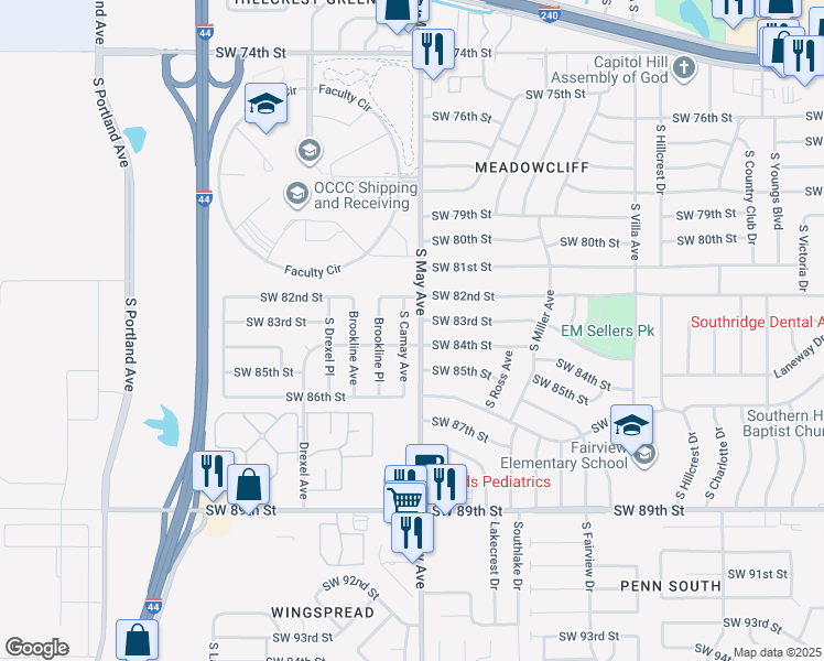 map of restaurants, bars, coffee shops, grocery stores, and more near 8304 South Camay Avenue in Oklahoma City