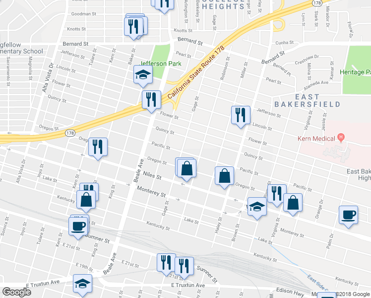 map of restaurants, bars, coffee shops, grocery stores, and more near 1100 Pacific Street in Bakersfield