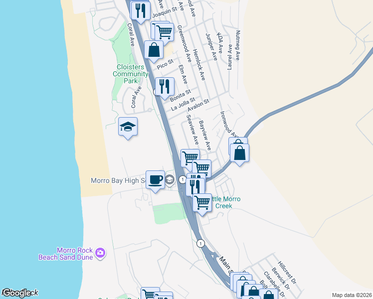 map of restaurants, bars, coffee shops, grocery stores, and more near 399 Hill Street in Morro Bay
