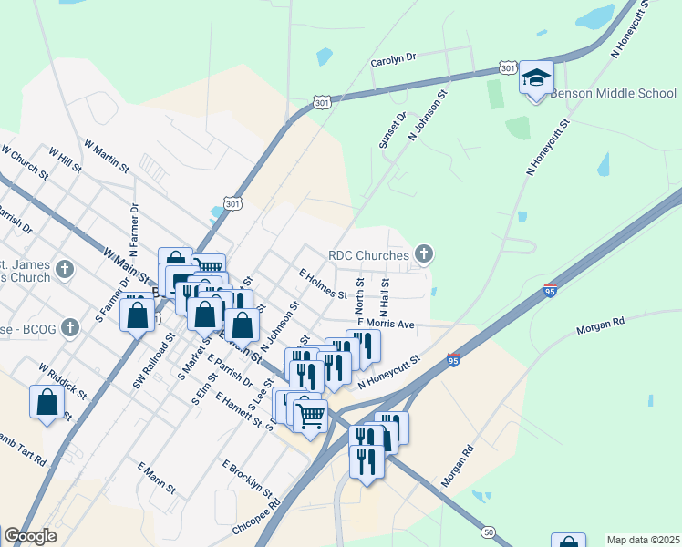 map of restaurants, bars, coffee shops, grocery stores, and more near 402 East Branch Street in Benson