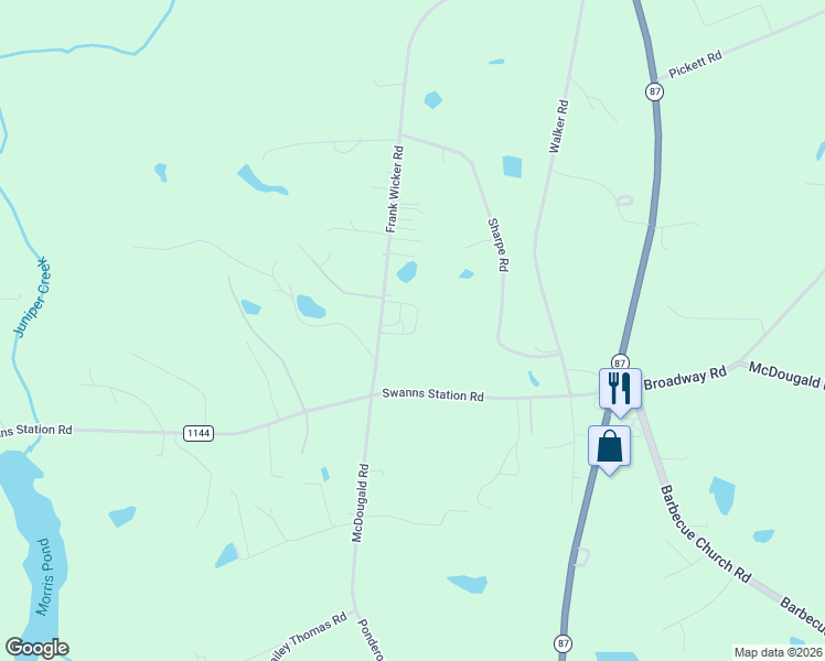 map of restaurants, bars, coffee shops, grocery stores, and more near 1249 Frank Wicker Road in Sanford