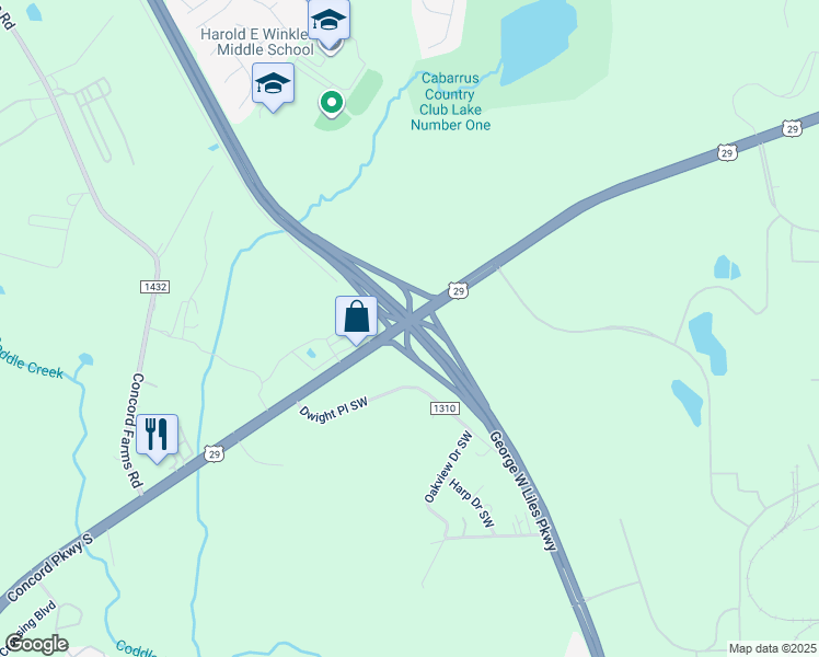 map of restaurants, bars, coffee shops, grocery stores, and more near 2321 Concord Parkway South in Concord