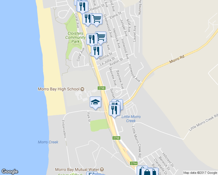 map of restaurants, bars, coffee shops, grocery stores, and more near 399 Hill Street in Morro Bay