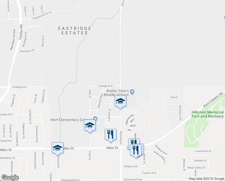 map of restaurants, bars, coffee shops, grocery stores, and more near 3225 Fortier Street in Bakersfield