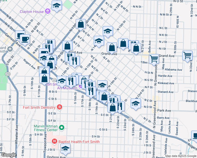 map of restaurants, bars, coffee shops, grocery stores, and more near 315 North 17th Street in Fort Smith