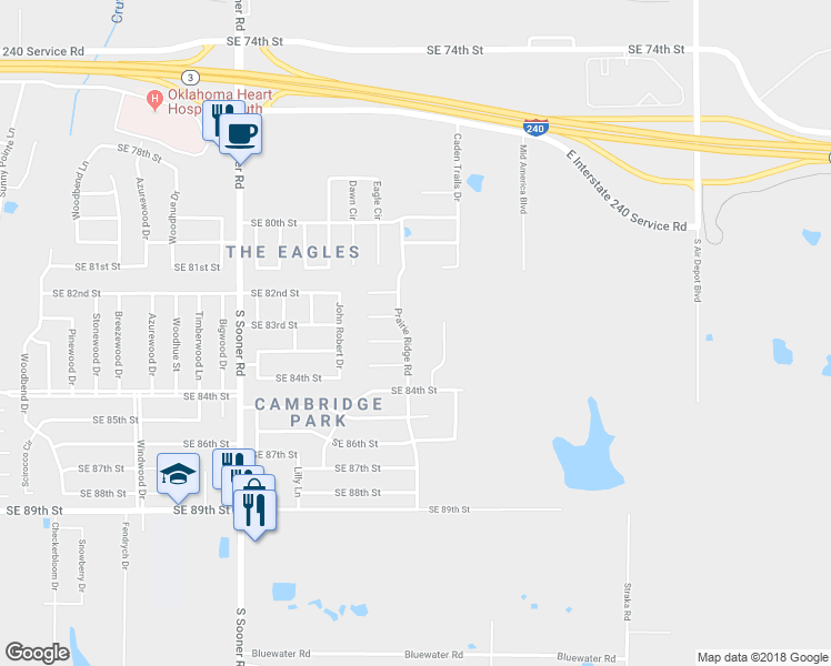 map of restaurants, bars, coffee shops, grocery stores, and more near 6029 Southeast 82nd Place in Oklahoma City