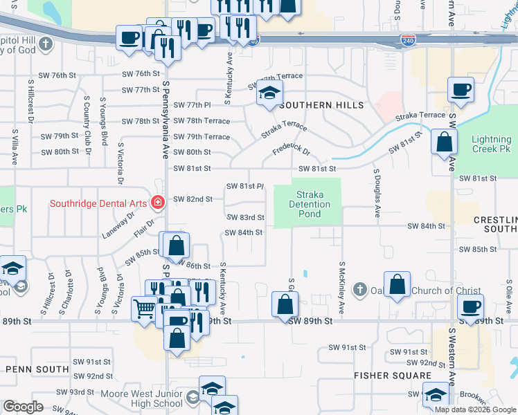 map of restaurants, bars, coffee shops, grocery stores, and more near 8205 Indiana Avenue in Oklahoma City