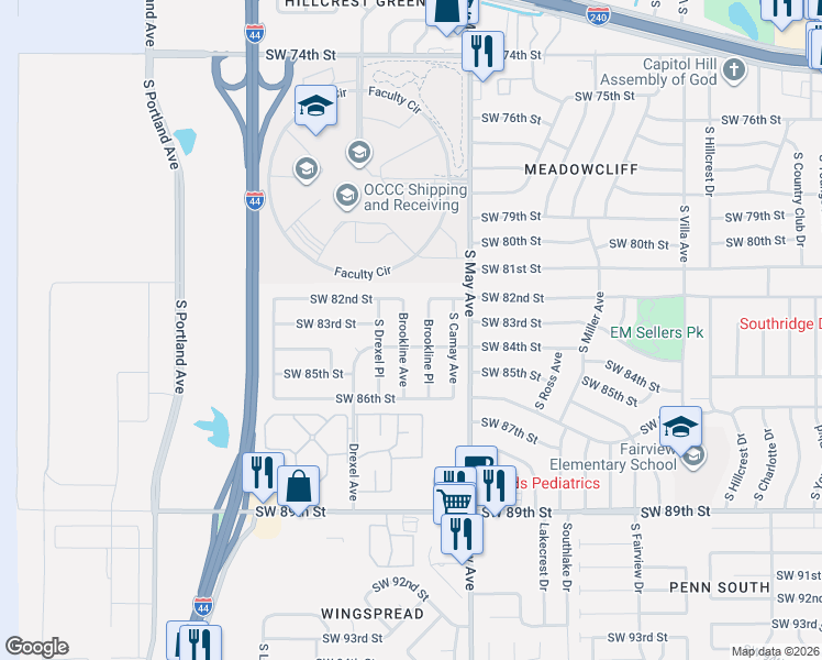 map of restaurants, bars, coffee shops, grocery stores, and more near 8305 Brookline Place in Oklahoma City