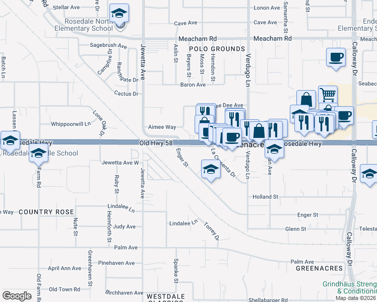 map of restaurants, bars, coffee shops, grocery stores, and more near 10930 Rosedale Highway in Bakersfield