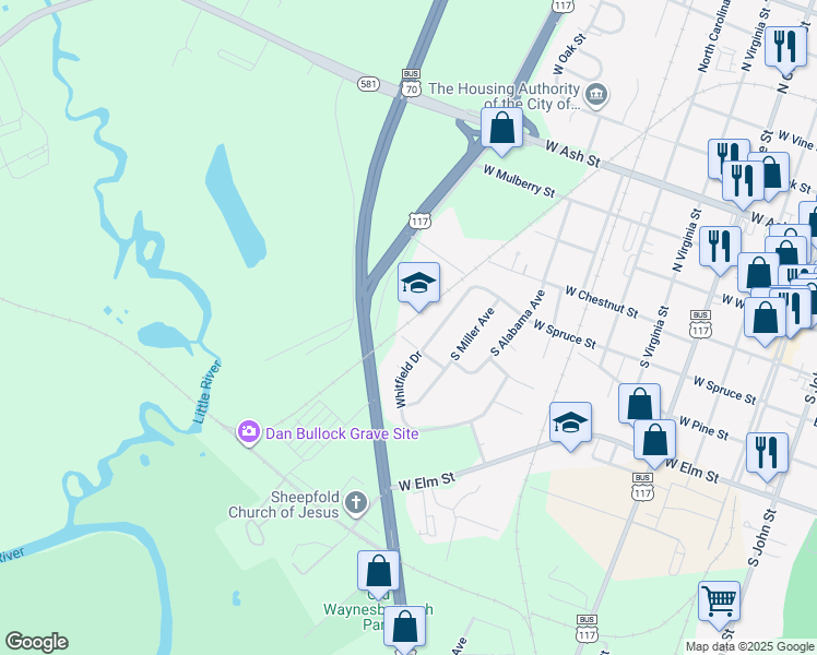 map of restaurants, bars, coffee shops, grocery stores, and more near 327 Whitfield Drive in Goldsboro