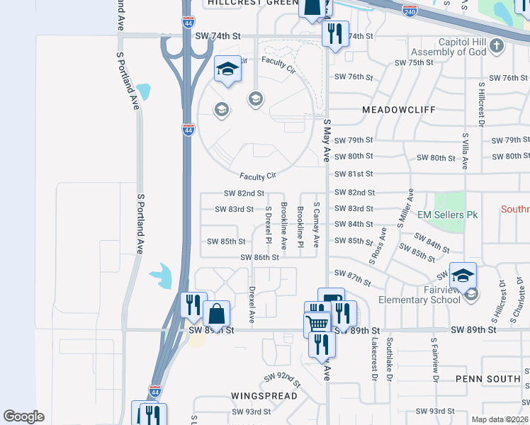 map of restaurants, bars, coffee shops, grocery stores, and more near 8304 South Drexel Place in Oklahoma City
