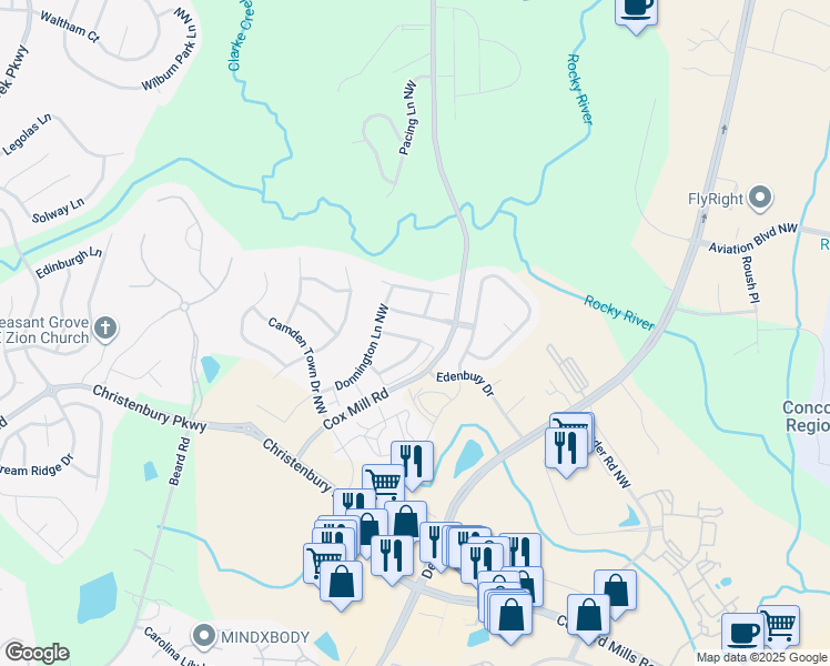 map of restaurants, bars, coffee shops, grocery stores, and more near 9651 Camberley Avenue Northwest in Concord