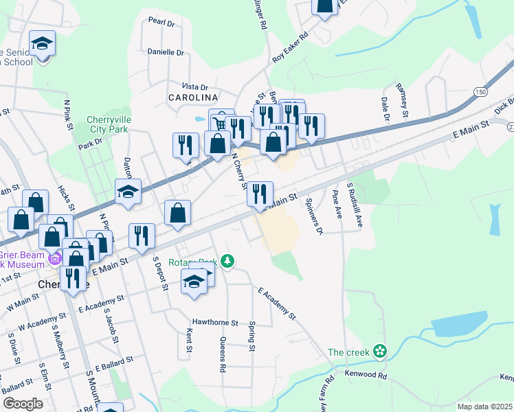map of restaurants, bars, coffee shops, grocery stores, and more near 104 North Cherry Street in Cherryville