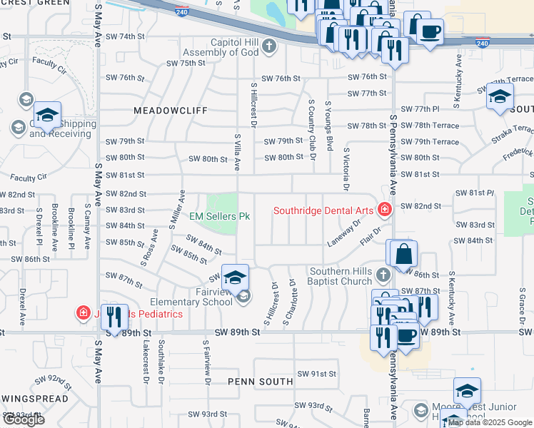 map of restaurants, bars, coffee shops, grocery stores, and more near 2420 Southwest 82nd Street in Oklahoma City