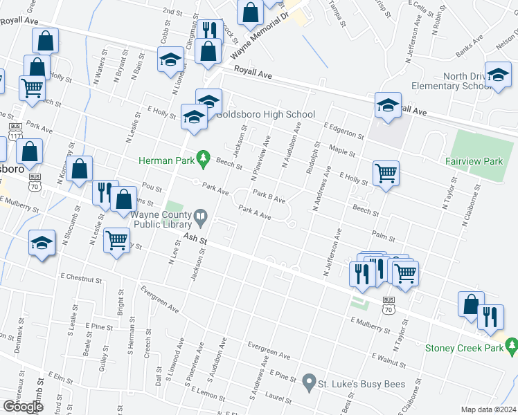 map of restaurants, bars, coffee shops, grocery stores, and more near 1209 East Park Avenue A in Goldsboro