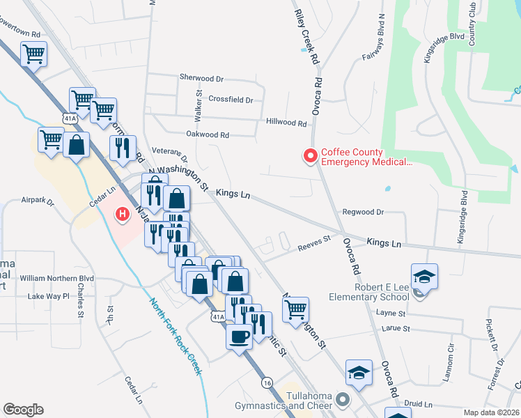map of restaurants, bars, coffee shops, grocery stores, and more near 730 Kings Lane in Tullahoma