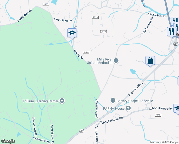 map of restaurants, bars, coffee shops, grocery stores, and more near 347 Kimzey Road in Mills River