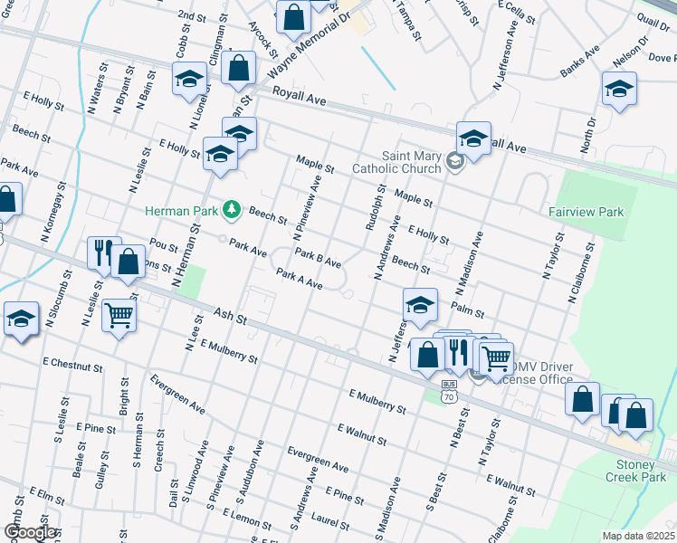 map of restaurants, bars, coffee shops, grocery stores, and more near 1306 East Park Avenue B in Goldsboro