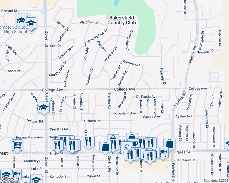 map of restaurants, bars, coffee shops, grocery stores, and more near 5605 College Avenue in Bakersfield